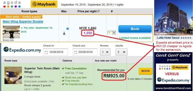 Agoda vs Expedia Lotte Seoul Price Diff
