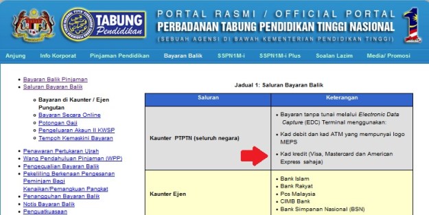 PTPTN Credit Card Payment at kaunter