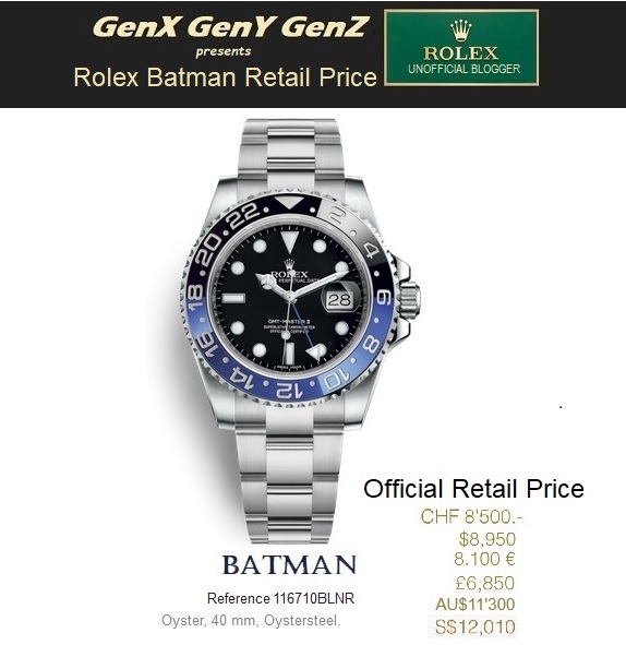 Rolex GMT Master II Batman 116710BLNR Retail Price Australia Switzerland USA France UK Singapore