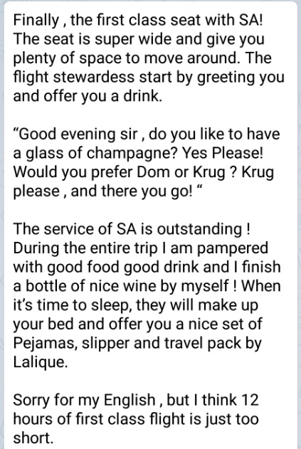 Singapore Airlines First Class to Paris Boeing 777 Message 2