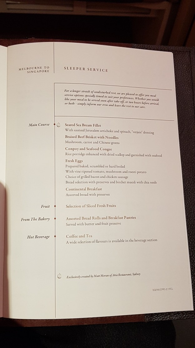 Singapore Airlines Suite Airbus A380 Melbourne to singapore Menu 1