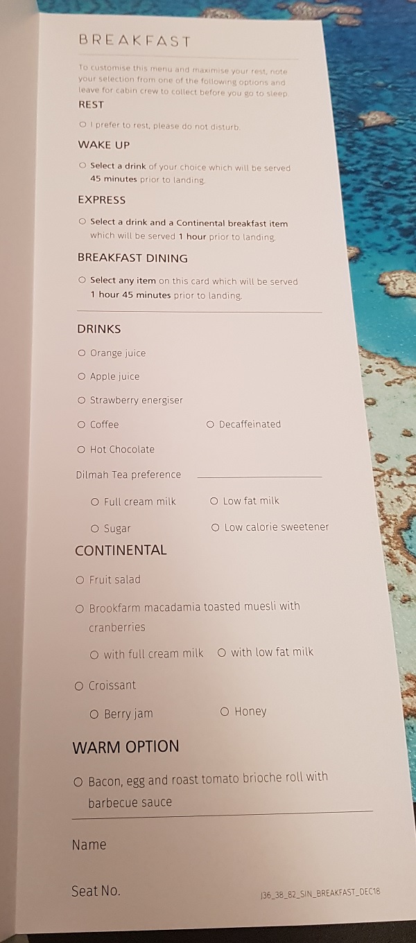Qantas Business Class Airbus A330 Singapore to Melbourne Food Menu 2
