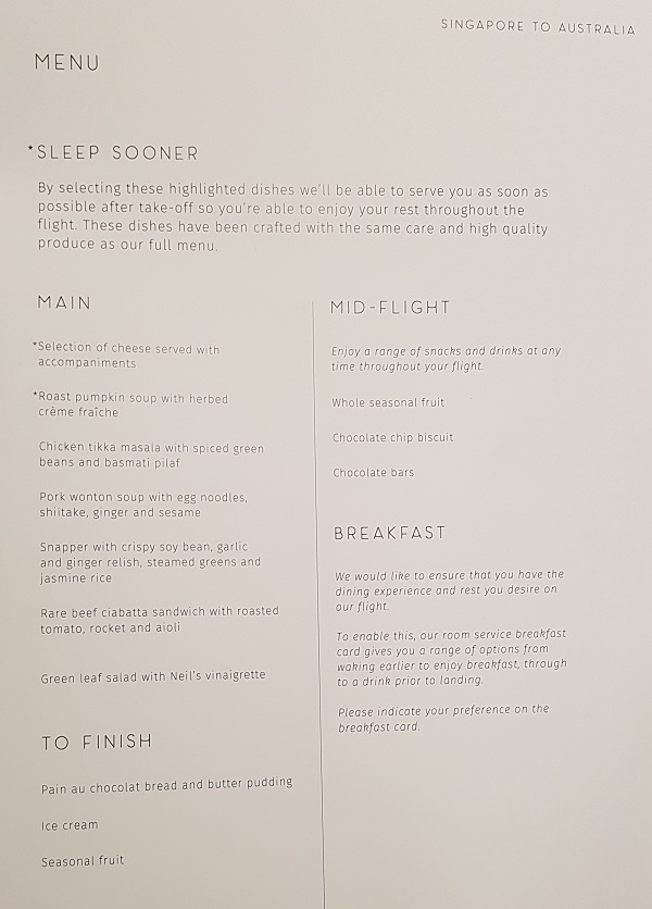 Qantas Business Class Airbus A330 Singapore to Melbourne Food Menu 3