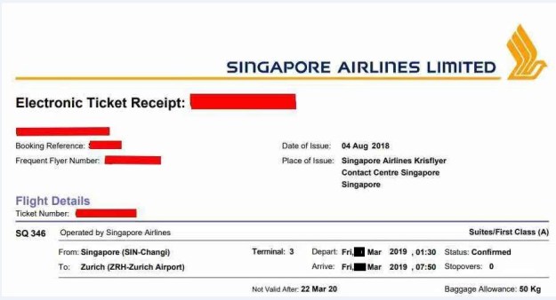 singapore airlines suite class sg to zurich march 2019