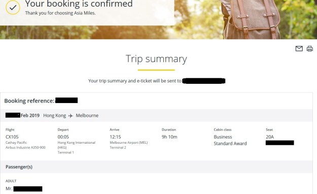 Cathay Pacific Business Class HK to Melbourne Feb 2019