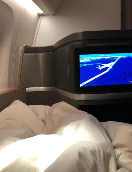 Cathay Pacific First Class Hong Kong to Vancounver Seat 1A Flat Bed Boeing 777 2.jpg