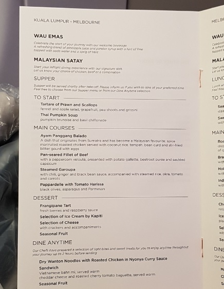 Malasia Airlines Business Class In Flight Menu Kl to Melbourne 1