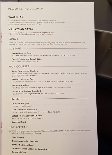 Malasia Airlines Business Class In Flight Menu Kl to Melbourne 2