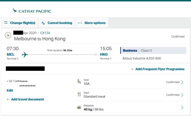 GenX Wife Cathay Pacific Melbourne to Hong Kong