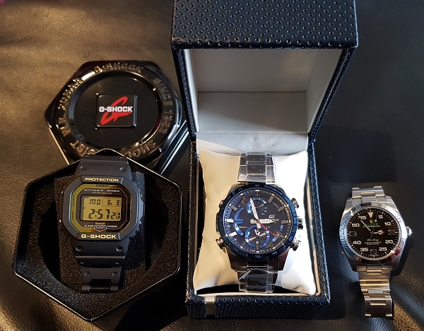 Casio G-Shock GW-B5600BC-1  versus Edifice EQB-900DB versus Rolex Air King.jpg