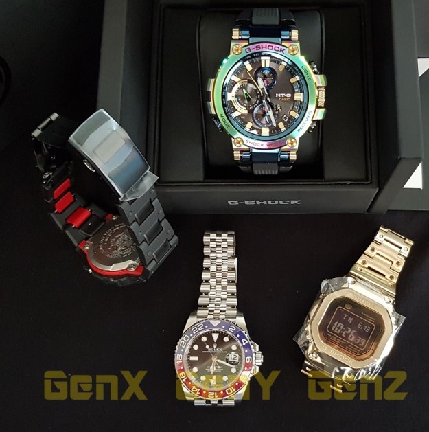 G-Shock MTG-B1000RB Rainbow Limited Edition GMW-B5000GD-9 and GW-B5600 Red versus Rolex GMT Master II Pepsi.jpg