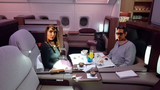 Qatar Airways First Class Airbus A380 Doha to Paris Couple Dining.jpg