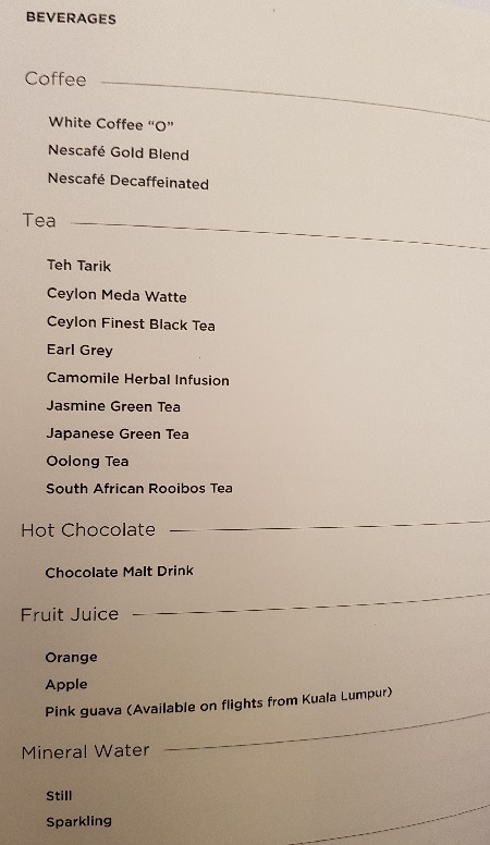 GenX Live Travel Report Malaysia Airlines Business Class Melbourne to Kuala Lumpur Food and Drinks Menu 3