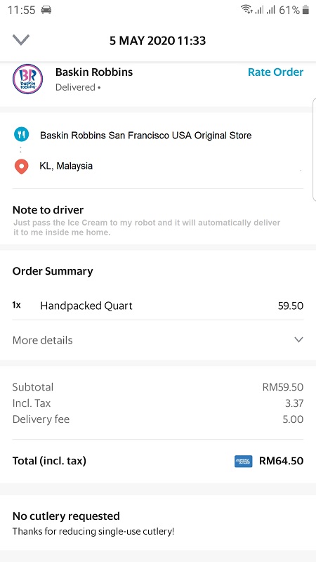 Baskin Robbins Pralines and Cream via Grab Food