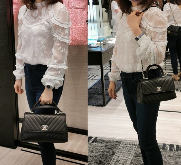 Chanel Flap Bag With Top Coco Handle Malaysia Medium and Small Black Chevron with Champagne Gold hardware